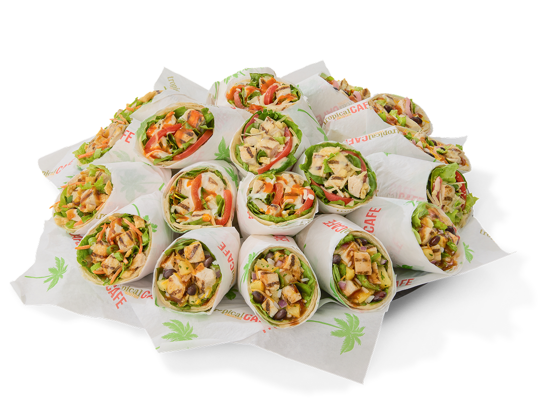 An image showcasing assorted Tropical Smoothie Cafe wraps as part of the Tropical Smoothie Cafe Catering menu